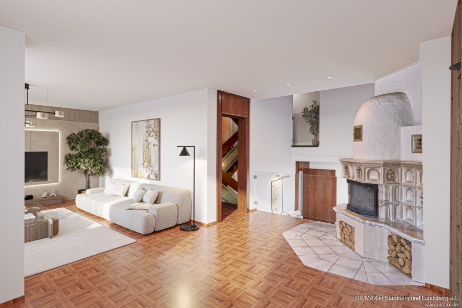 OG unten Wohnen Kamin Einrichtungsbeispiel Doppelhaush�lfte Vaterstetten