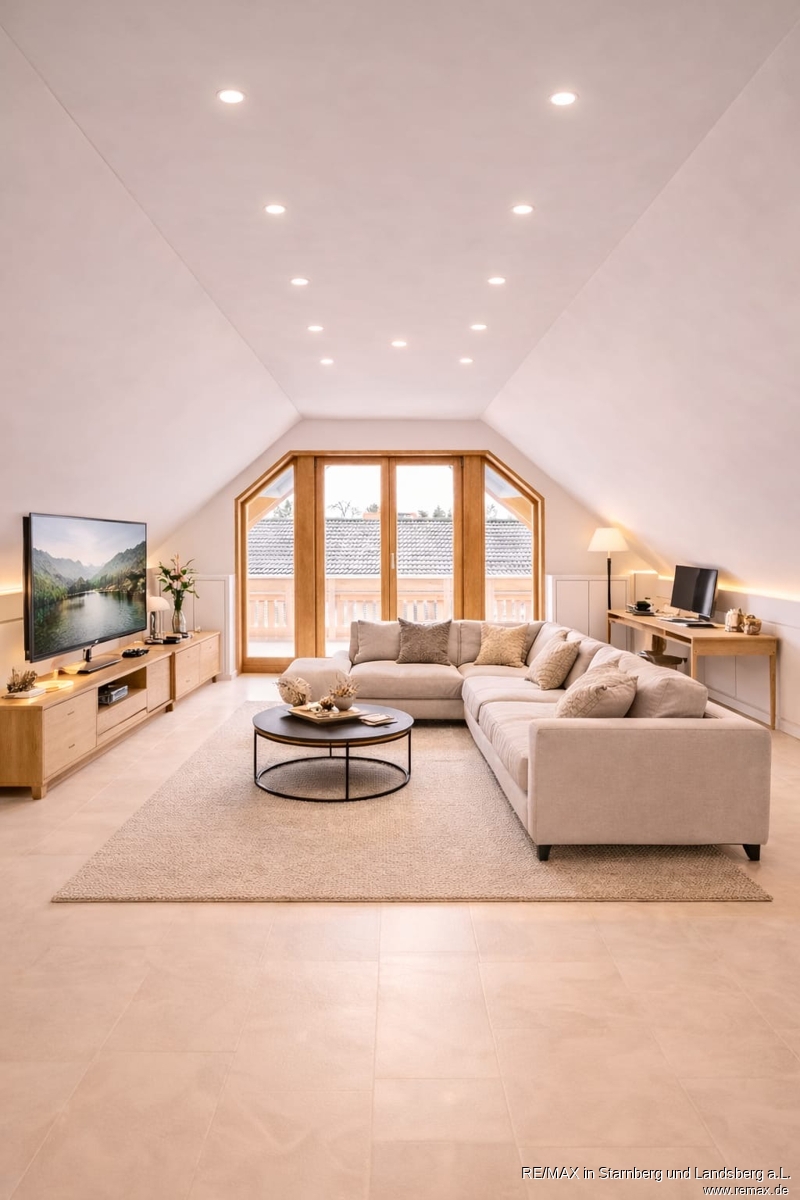 Wohnzimmer nach Fertigstellung Animation Dachgeschosswohnung Thaining