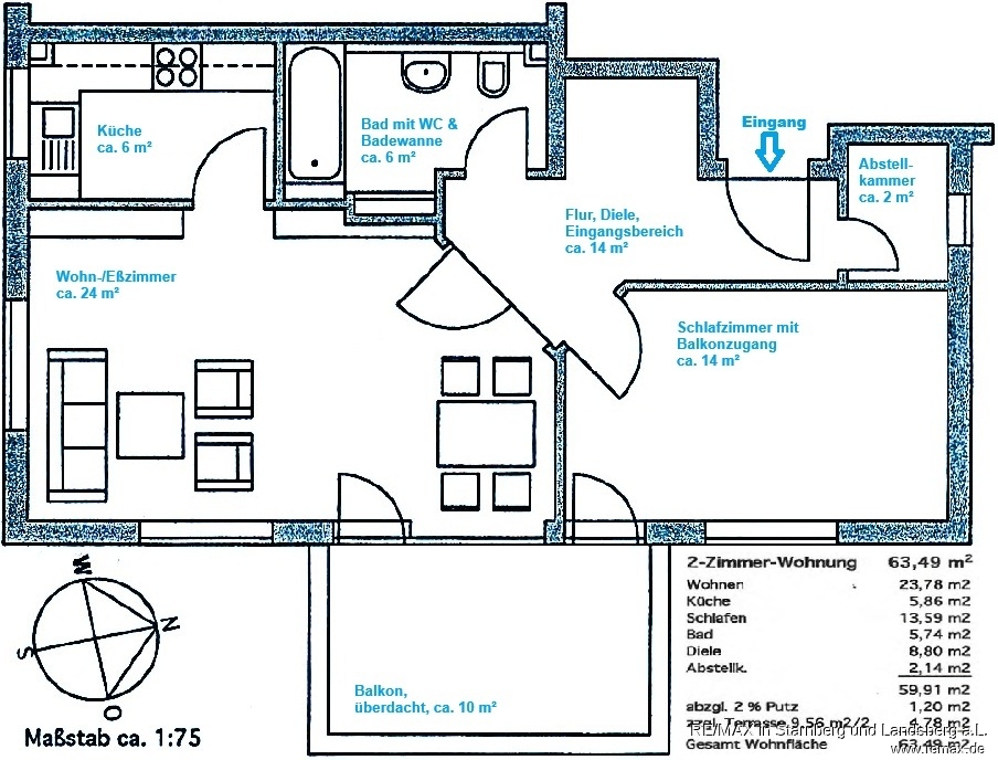 Grundriss der 2-Zi.-Wohnung in Neuried - REMAX-PSc-1273 Etagenwohnung Neuried